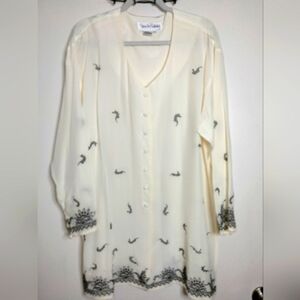 Diane Von Furstenburg (Size L) Cream Silk Embroidered Button Down Front LS Tunic